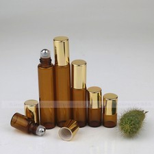 2.5ml 5ml 10ml Amber Glass Roll on Bottles Gold lid Metal Roller Essential Oils