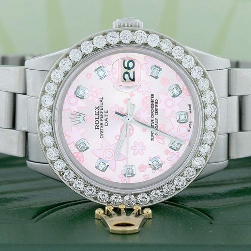 Rolex OYSTER PERPETUAL DATE 34mm Oyster con Quadrante Rosa a Fiori  Diamanti, Lunetta 2.7Ct | eBay