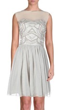 AQUA ~ Silver Gray Mesh Beaded Illusion Yoke Fit & Flare Party Dress 2 NEW $228.