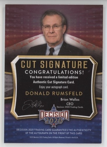DONALD RUMSFELD Leaf Decision 2020 AUTO CUT SIGNATURE GREEN 01/10 - Picture 2 of 2