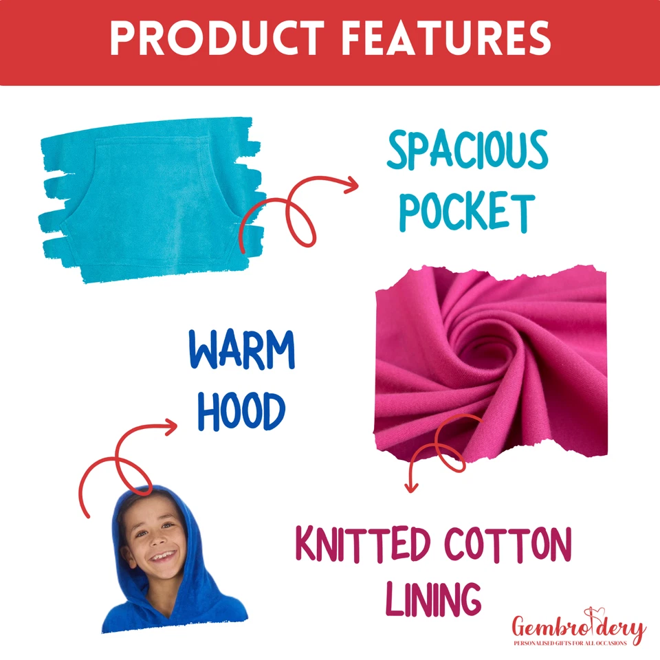 Personalised Kids Hooded Poncho Towelling Robe 100% Cotton Swimming Beach Towel. - Image 3 of 4