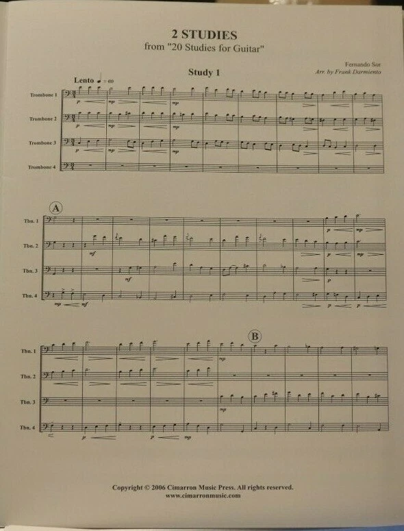 Trombone Quartet 2 Studies (1 & 10)  20 Studies for Guitar by Sur arr Darmiento - Image 2 of 4