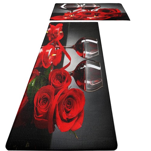 FNLNDO Red Wine Kitchen Rugs and Mats Set of 2 Modern Rose Anti Fatigue Kitch...