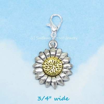 2 Tone Sunflower Clip on Charm Zipper Charm 11035 Gold and Silver Tone