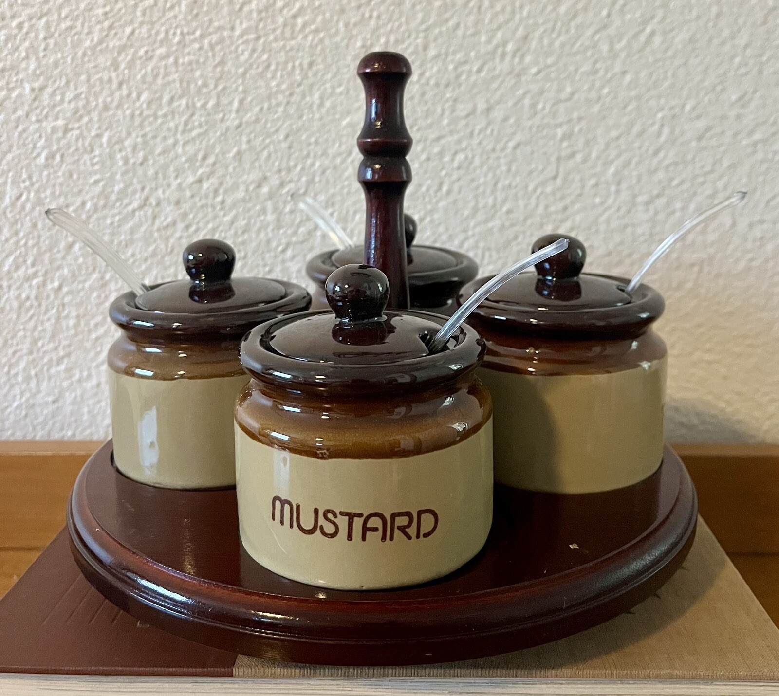 Vintage NOS Brown Stoneware Crock Condiment Set Ketchup Mustard Sauce Relish, vintage pottery
