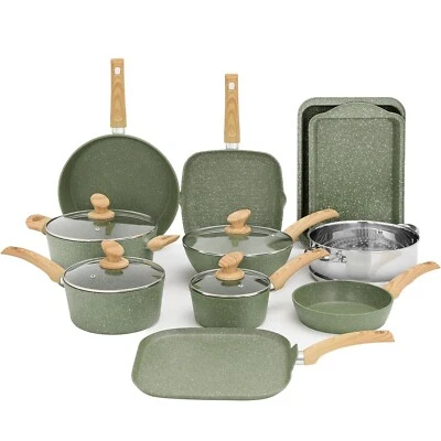 KITCHEN ACADEMY 17 Piece Cookware Set Nonstick Granite Coated Pots and Pans Set Bakeware Green