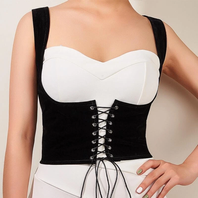 Women Velvet Wide Corset Belt Under Bust Waist Cincher Gothic Punk Lace Up