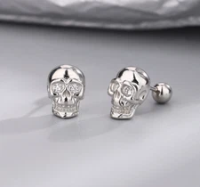 Gothic Men Women Silver Plated Skull Rock Punk Gothic Screw Back Earrings PE65