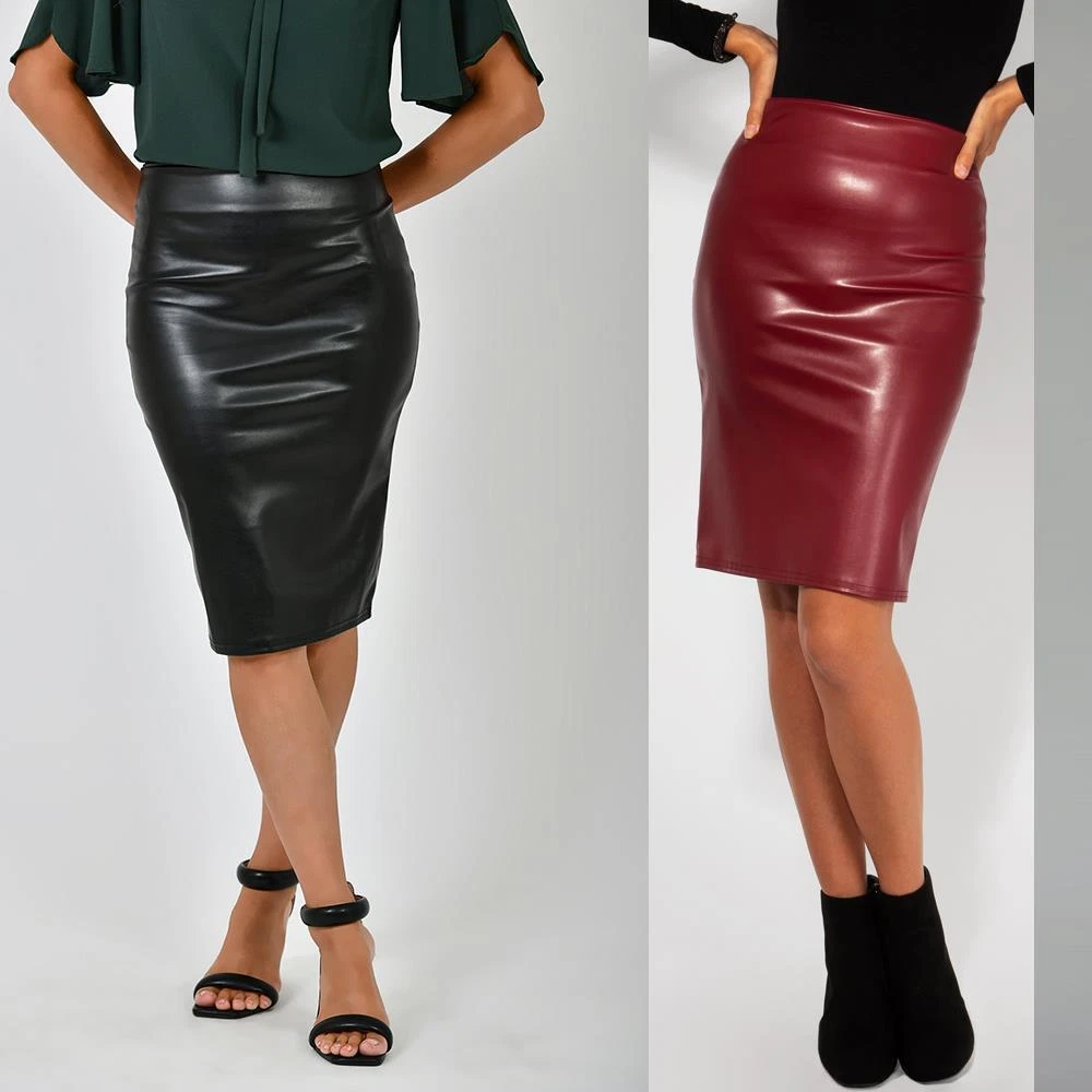 Womens Ladies Leather Pencil Skirt Sexy Wet Look Stretch PU Mini Midi Bodycon
