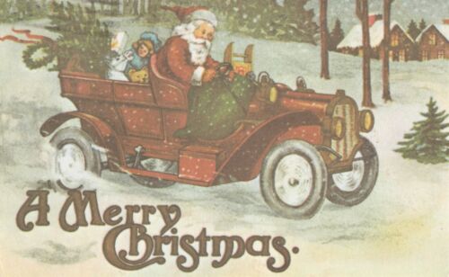 christmas greetings antique postcard santa father christmas motor car children - Picture 1 of 2