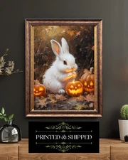 Halloween Bunny Wall Art Print Rabbit Pumpkins Autumn Jack O Lantern Fall Decor