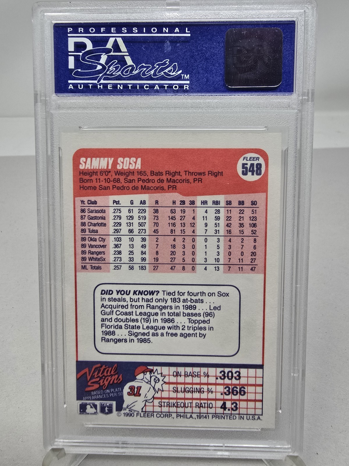 1990 FLEER SAMMY SOSA PSA 9 ROOKIE CARD view 3