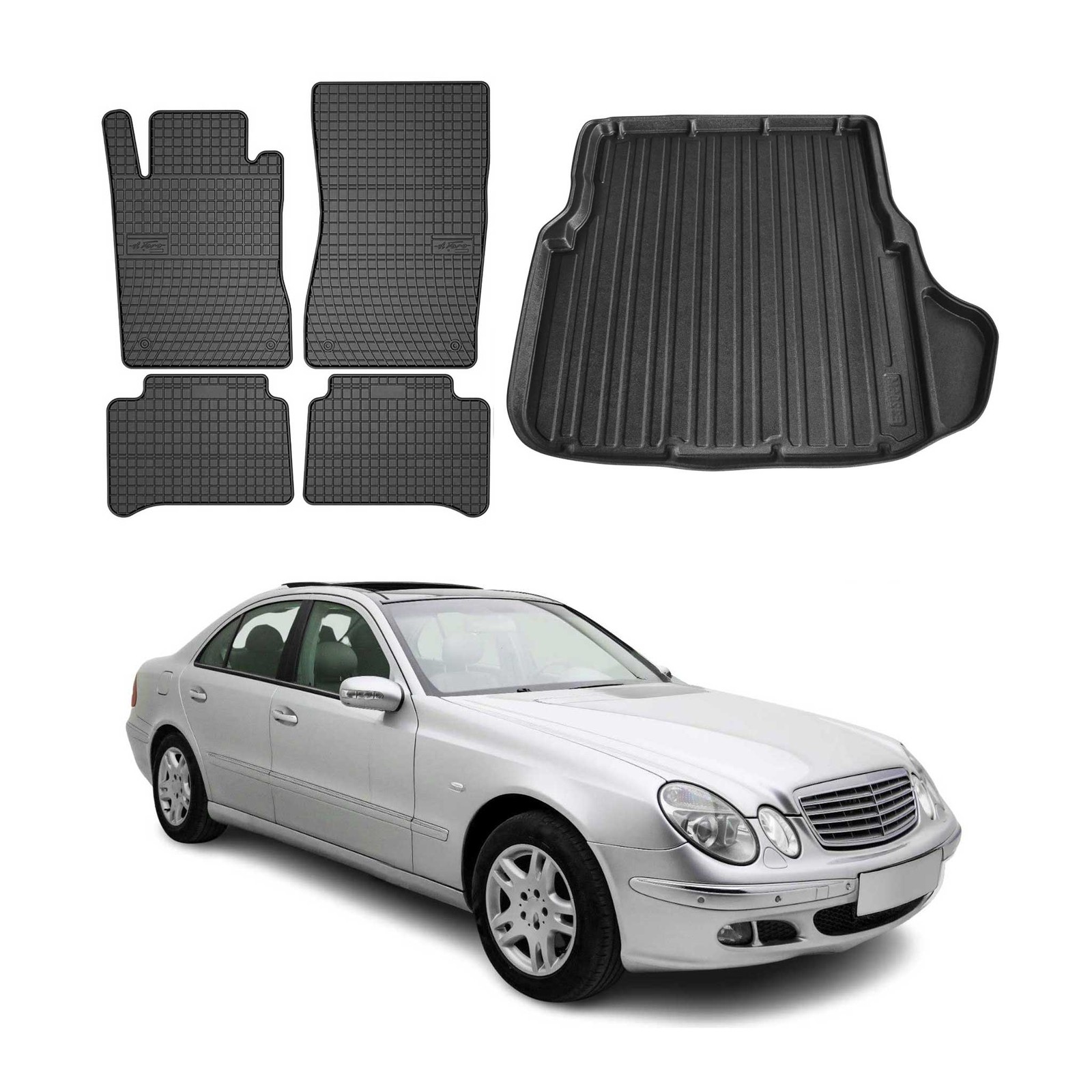 Fußmatten & Kofferraumwanne Set für Mercedes E Klasse W211 Limo 2003-2009 Gummi