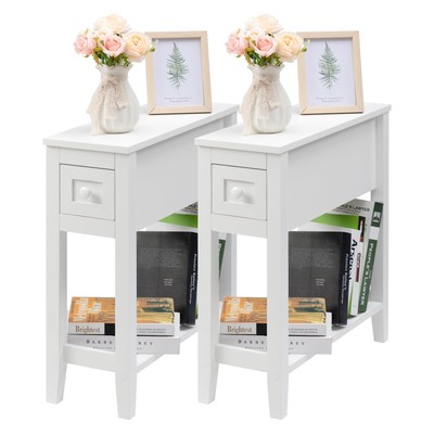 Narrow Side Table for Small Spaces, White Side Table with Drawer, Slim Bed Si...