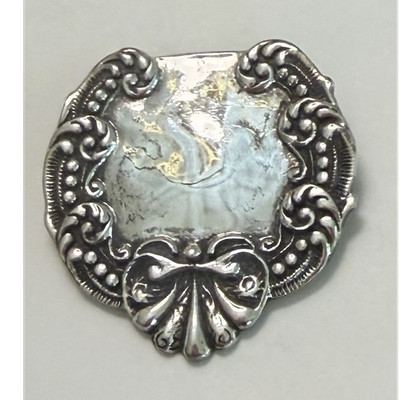Sterling Silver scroll design Brooch Pin, No Stone, Ornate Shield Shape