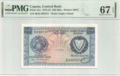 CYPRUS 250 Mils 1976 in 67EPQ by PMG  Great Note in UNC