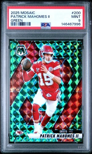 146467996 Patrick Mahomes II 2025 Panini Mosaic #200 Green Prizm PSA 9