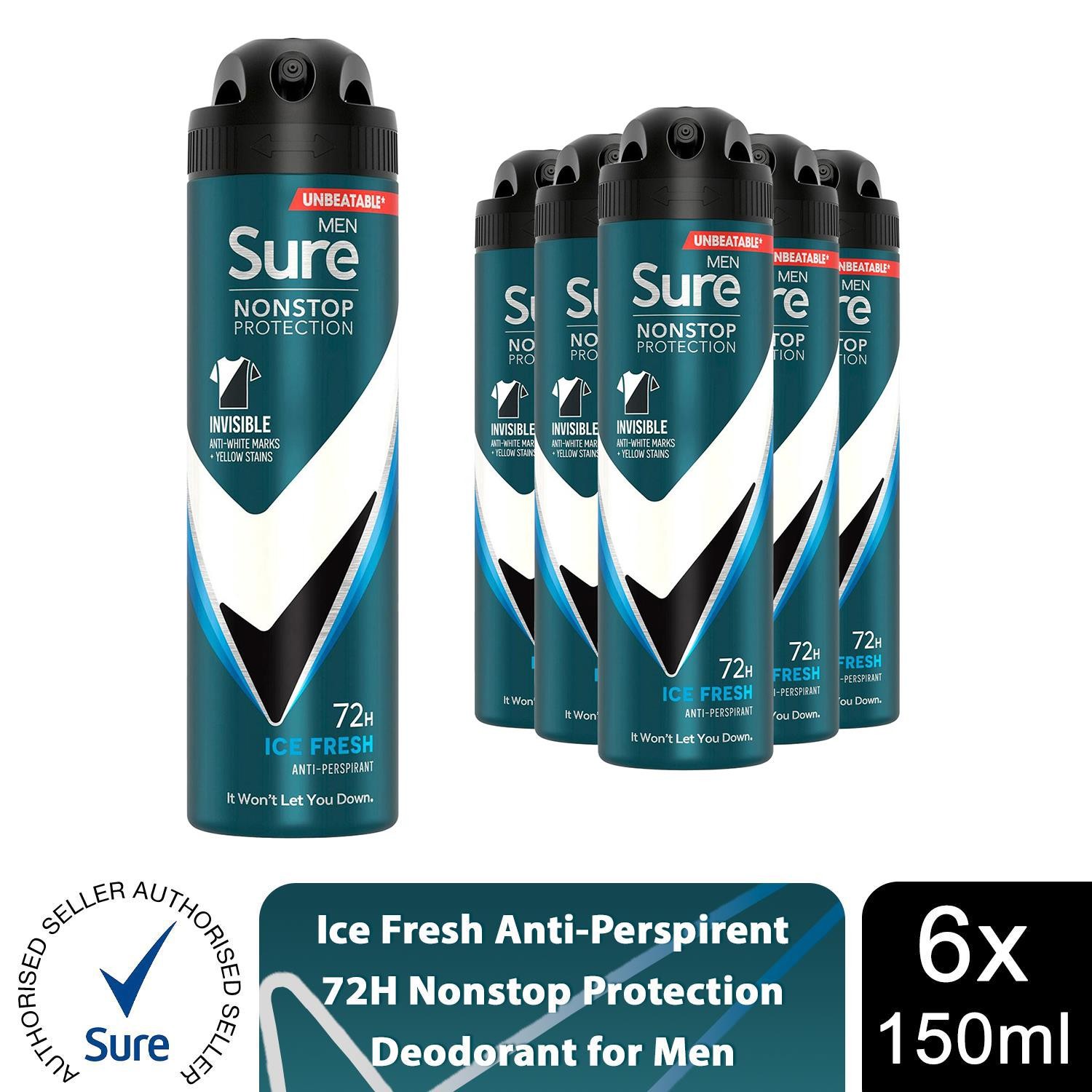 Sure Men Nonstop Protection Invisible Antiperspirant Deo Ice Fresh 150ml, 6pk