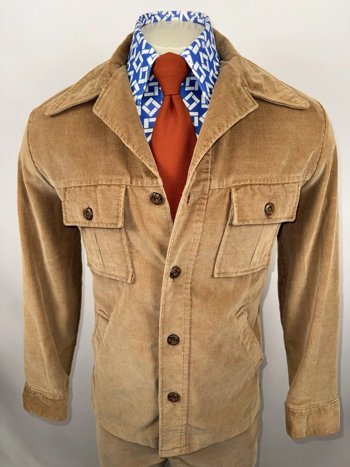 Vtg 60s 70s Leisure Suit Corduroy Mens 42 Jacket Coat 34 27 Pants Disco Haggar - Image 4 of 4