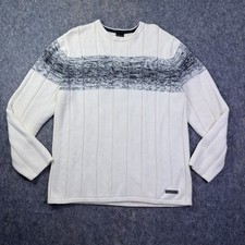 Nautica Jeans Co Sweater Mens XL White Grey Stripe Cotton Crewneck Knit Pullover