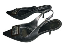 Vintage Y2K PRADA Black Leather Pointed Toe Buckle Detail Slingback Heels Sz 38