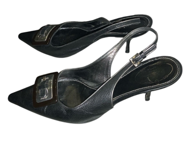 靴 PRADA 2000'S LEATHER BUCKLE HEELS BLACK Vintage Y2K PRADA Black Leather Pointed Toe Buckle Detail