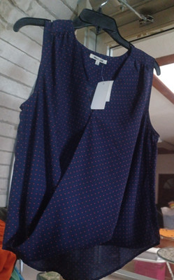 Bleuh Ciel Women's Sleeveless Blouse NWT Large Navy with Red Dots
