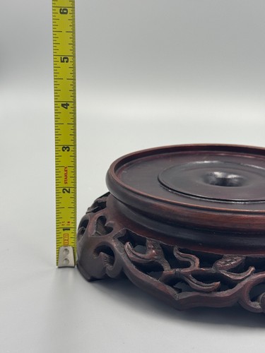 Jarrón antiguo chino tallado a mano con soporte de palo de rosa base de madera de exhibición 5 1/2"" - Imagen 11 de 11