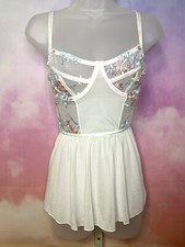 Elegant Moments Lingerie Babydoll White W Blue  Pink Embroidered Floral- Large