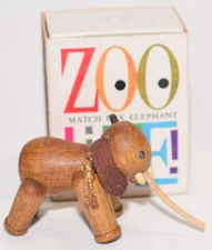 Vintage Zoo Line Match Box Wood Elephant Figurine with Box Mid-Century Japan