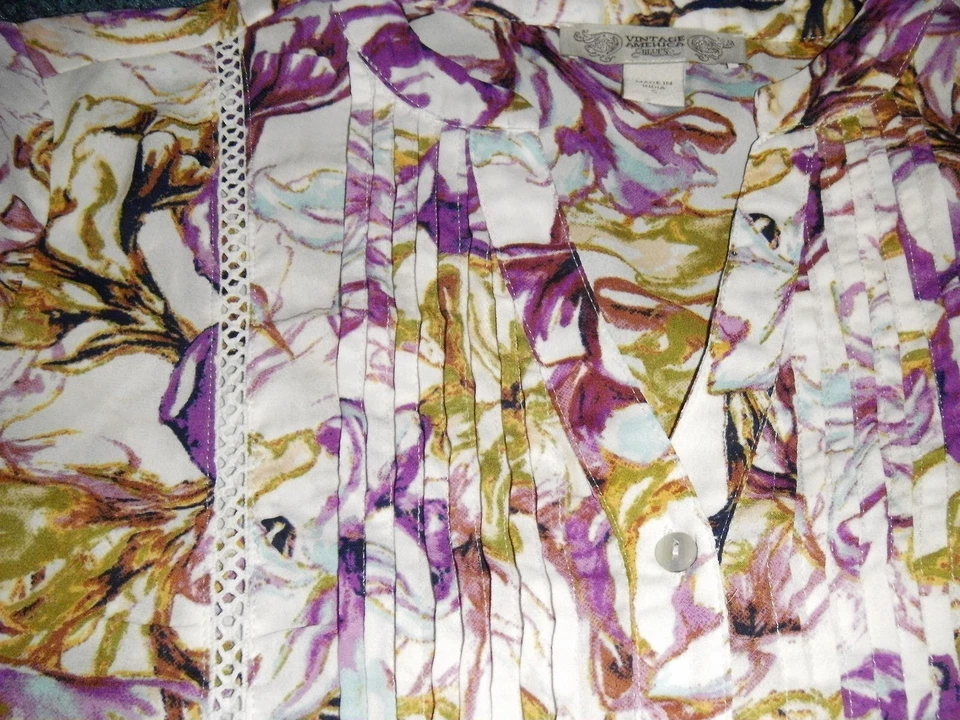 Top Vintage America Blues Mujer S Púrpura Blanco Floral Manga Larga Ojales  Foto 4 de 4