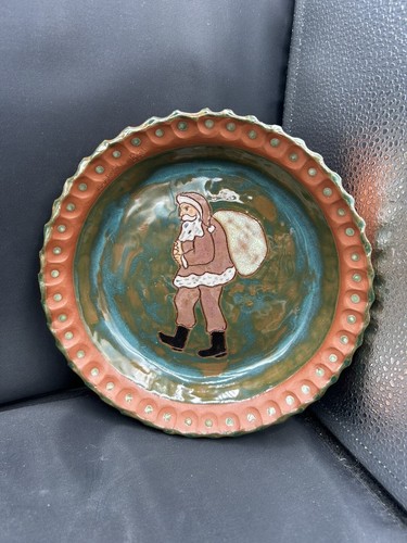 Vintage Andrew Loercher Santa Christmas Redware Hand Painted Pottery Dish 8"