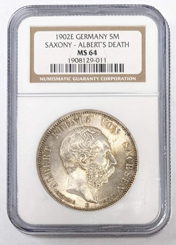 1902 E Germany 5 Mark Saxony Albert's Death NGC MS 64