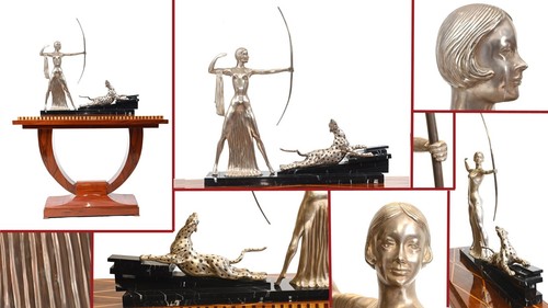 Art Deco Diana Huntress Archer Figurine Leopard Cat Statue Casting