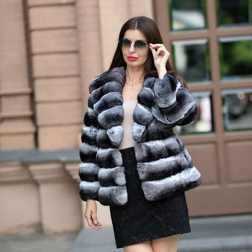 Eleganter Echt Rex Kaninchen Pelzmantel Damen Warm Chinchilla Outwear Dicke Neue - Bild 3 von 6