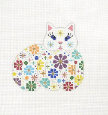 JP Needlepoint Floral Kitty Cat Animal Handpainted Needlepoint Canvas 420
