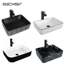 ELECWISH Bathroom Ceramic Vessel Sink Rectangle Basin Bowl w/ Faucet Drain Combo