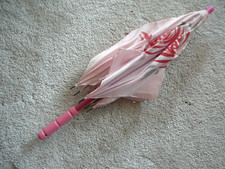 Vintage Pink Childs Parasol on metal frame with wooden handle 19" tall SKK Japan