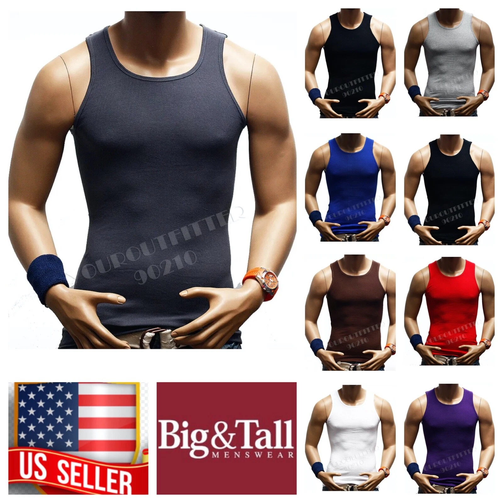 Men S-5XL 100% Cotton Tank Top T-Shirt A-Shirt Muscle Ribbed Wife Beater Tee Gym - product detail image 6