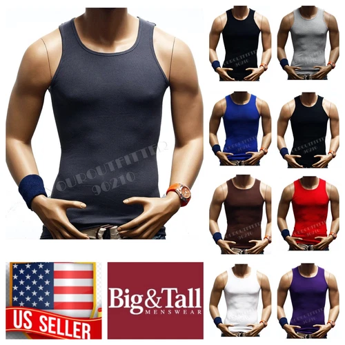 Men S-5XL 100% Cotton Tank Top T-Shirt A-Shirt Muscle Ribbed Wife Beater Tee Gym image 6