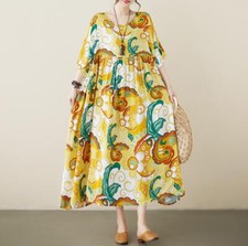 Womens Fashion Summer Round Collar Short Sleeve Printed Dress Beach Long Maxi