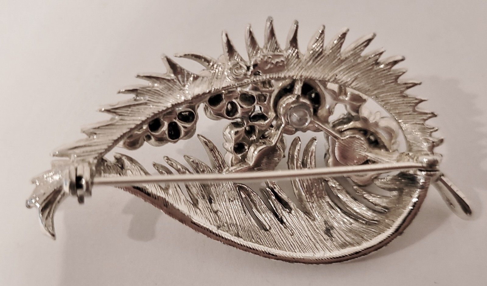 Vintage Cora Brooch Pin~Silver Tone~Blue Rhinestones~Leaf Shape~ 2 5/8" Long-EUC