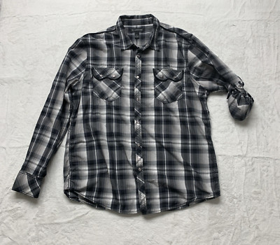 INC International Concepts Western Shirt Mens XL Plaid Pearl Snap Roll Tab