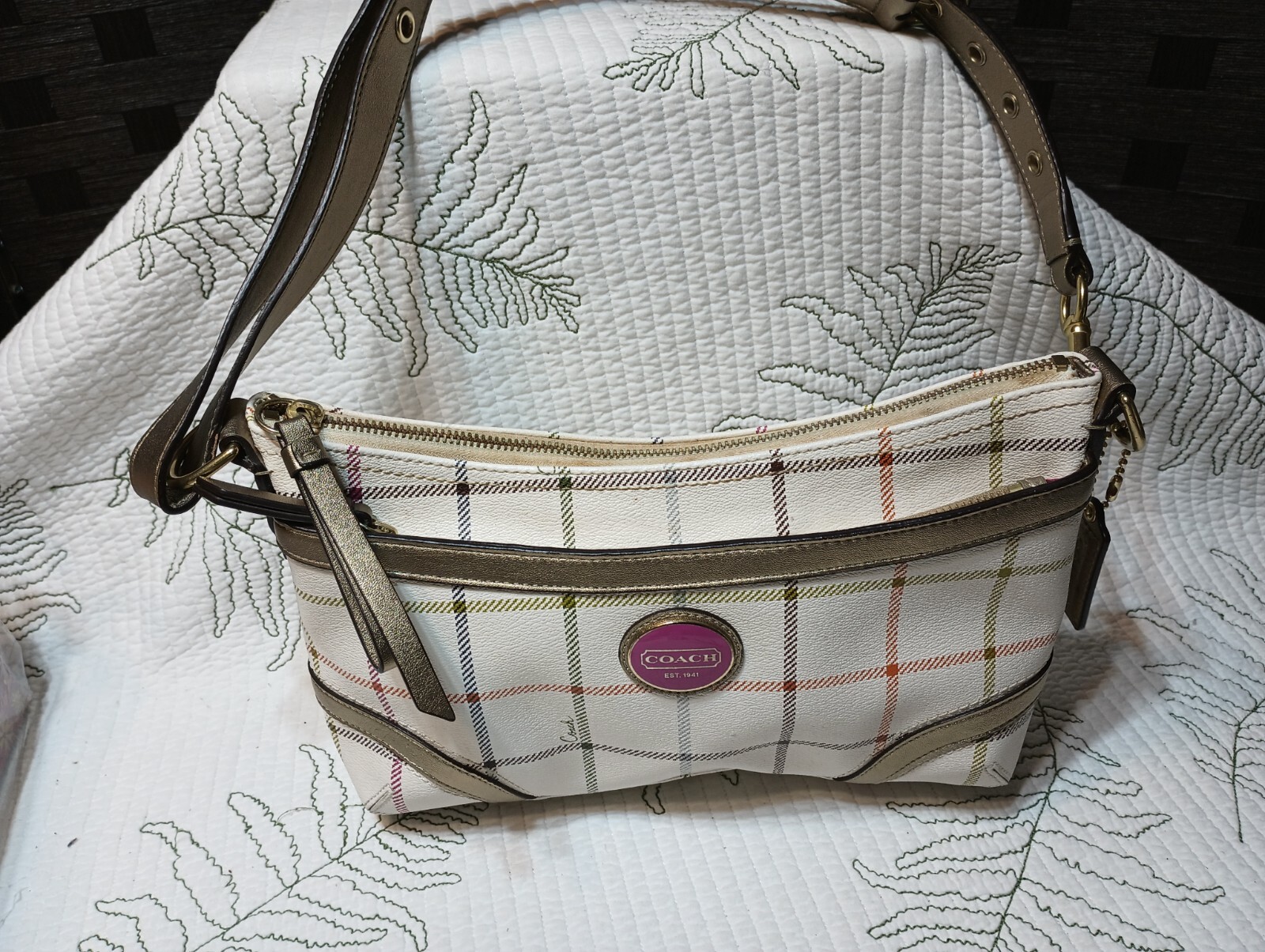 Coach Tattersall Plaid Multicolor Leather Crossbody Bag with Zipper Closure
