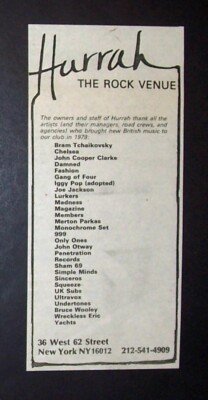Hurrah Club NYC New Wave Bands Shows List 1979 Ad (Damned Joe Jackson Squeeze)