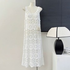 Women Ethnic Hollow Tank Dress Lace Sheer Sundress Strappy Floral Crochet Casual