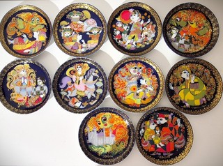 10x Rosenthal Aladdin Bjørn Wiinblad Collector Plate Set Vintage Cobalt & Gold
