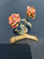 Vintage MCM Gold Brass Metal Enameled Double Rose Flower Figurine Decor 