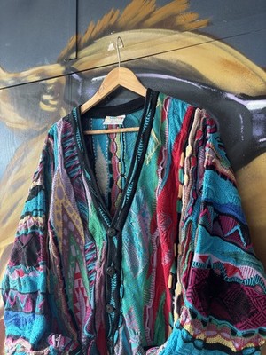 Vintage Coogi Cardigan 3D Textured Chunky Multi Colour Knit Sweater Jumper Large