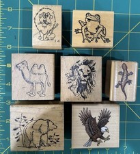 7 Wood Mounted Rubber Stamps. Mixed Brands, Animal Theme. 1 Unused